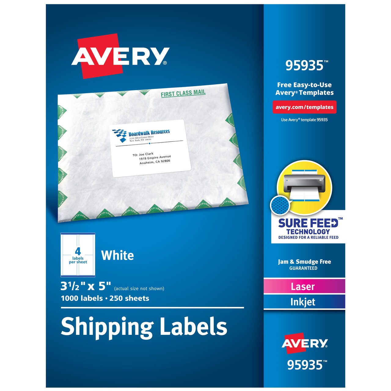 Avery Printable Shipping Labels with Sure Feed, 3.5" x 5", White, 1,000 Blank Mailing Labels (95935)